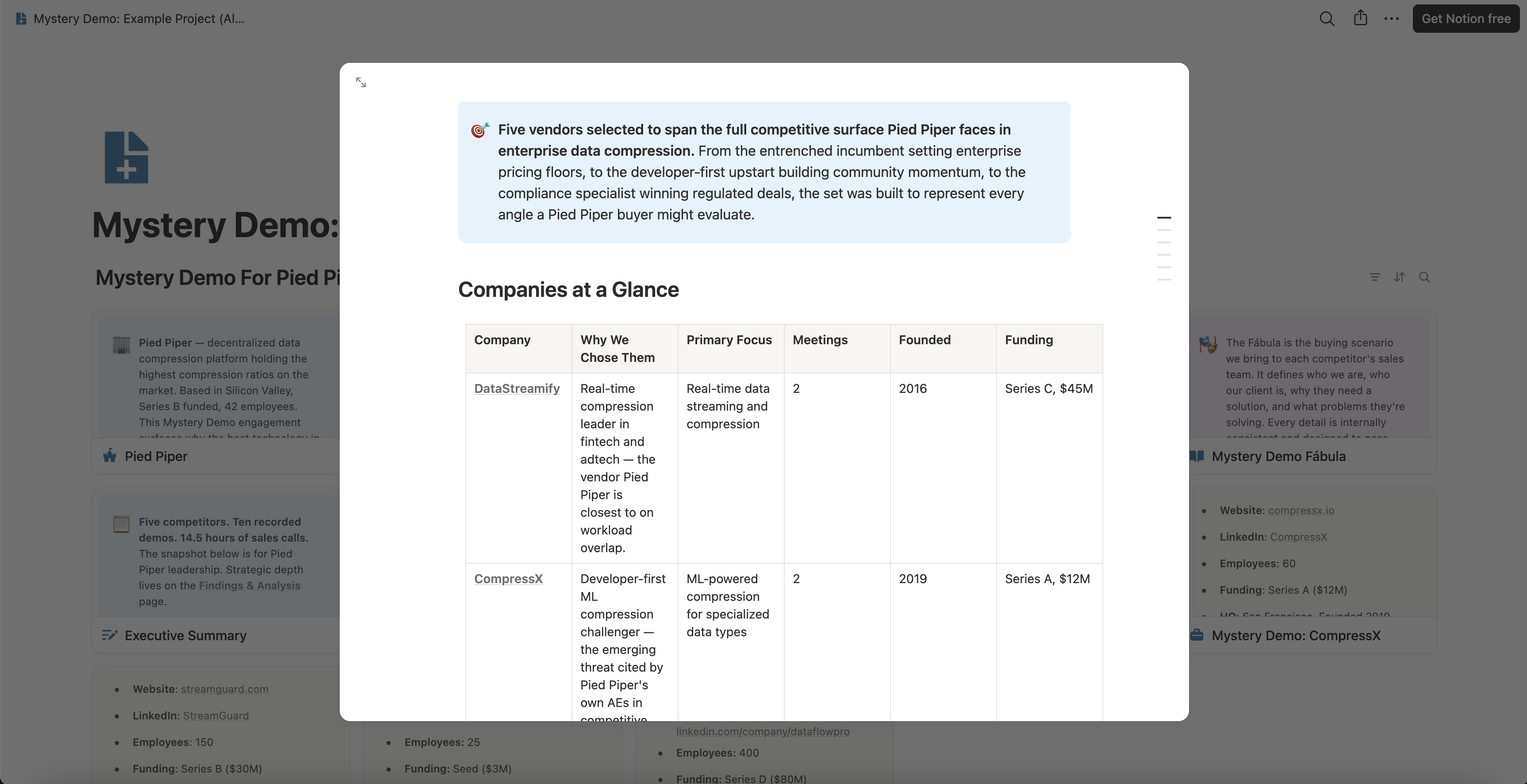 Notion page headed Research Companies, with a selection-rationale callout above a Companies at a Glance table carrying a column each for the company, why it was chosen, its primary focus, the number of meetings booked, its founding year and its funding.
