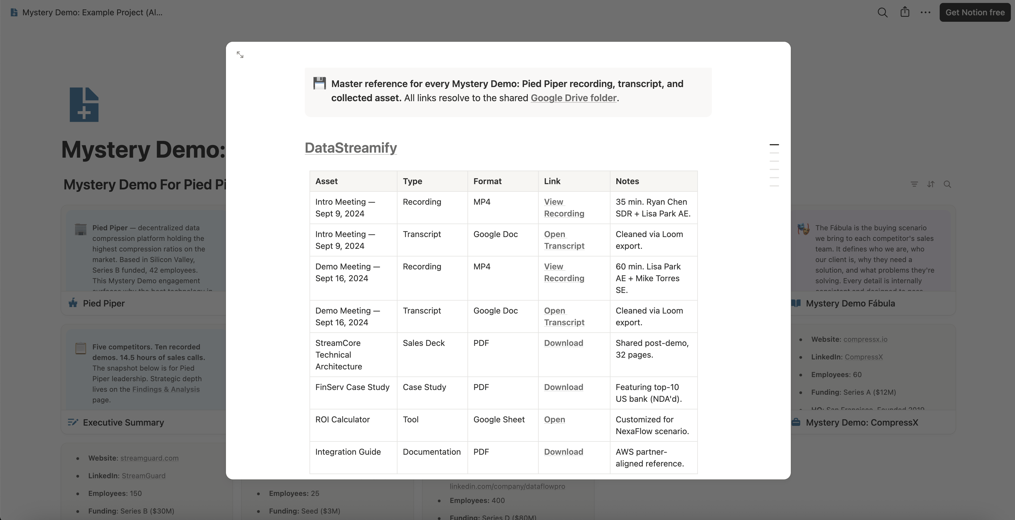 Notion database page with a master-reference callout above an asset table listing every recording, cleaned transcript, sales deck, case study and calculator collected from one vendor, each with its type, format, link and a note.