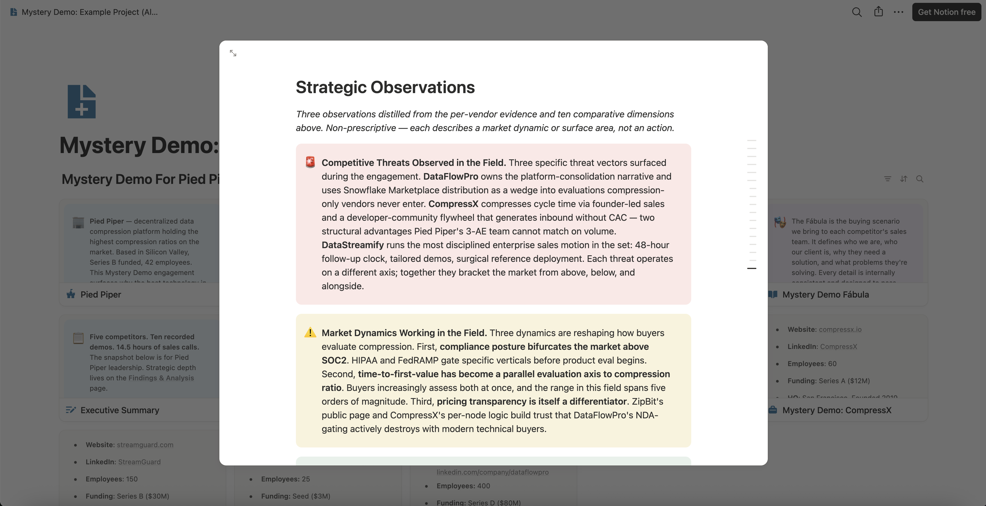 The Strategic Observations section of an example Findings and Analysis page: a framing line on non-prescriptive analysis, a Competitive Threats callout naming three threat patterns by vendor, and a Market Dynamics callout