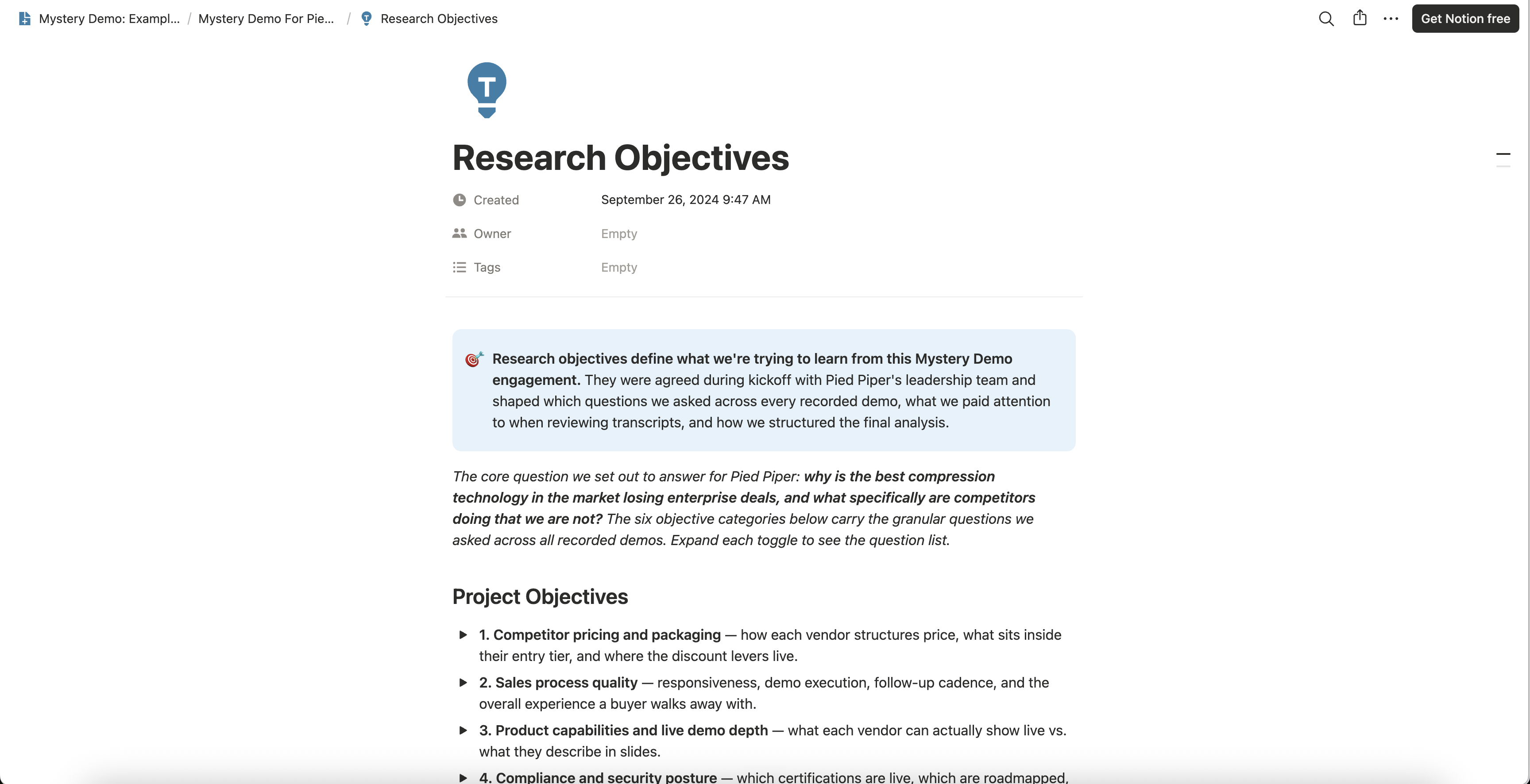 The Research Objectives page of the invented example Mystery Demo board: a kickoff callout, the core question in bold, and the first project objectives, each opening into a list of questions