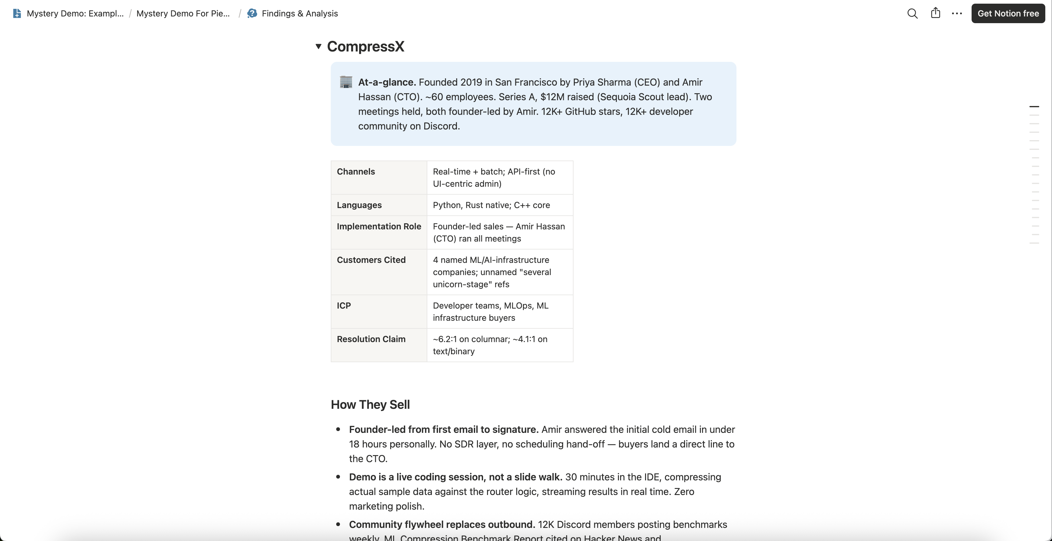 A per-competitor findings section from a Mystery Demo example board, with an at-a-glance summary, a facts table and a list of how the competitor sells.