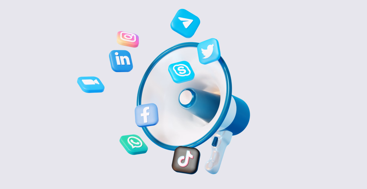 A 3D megaphone is surrounded by floating social media app icons against a light gray background.