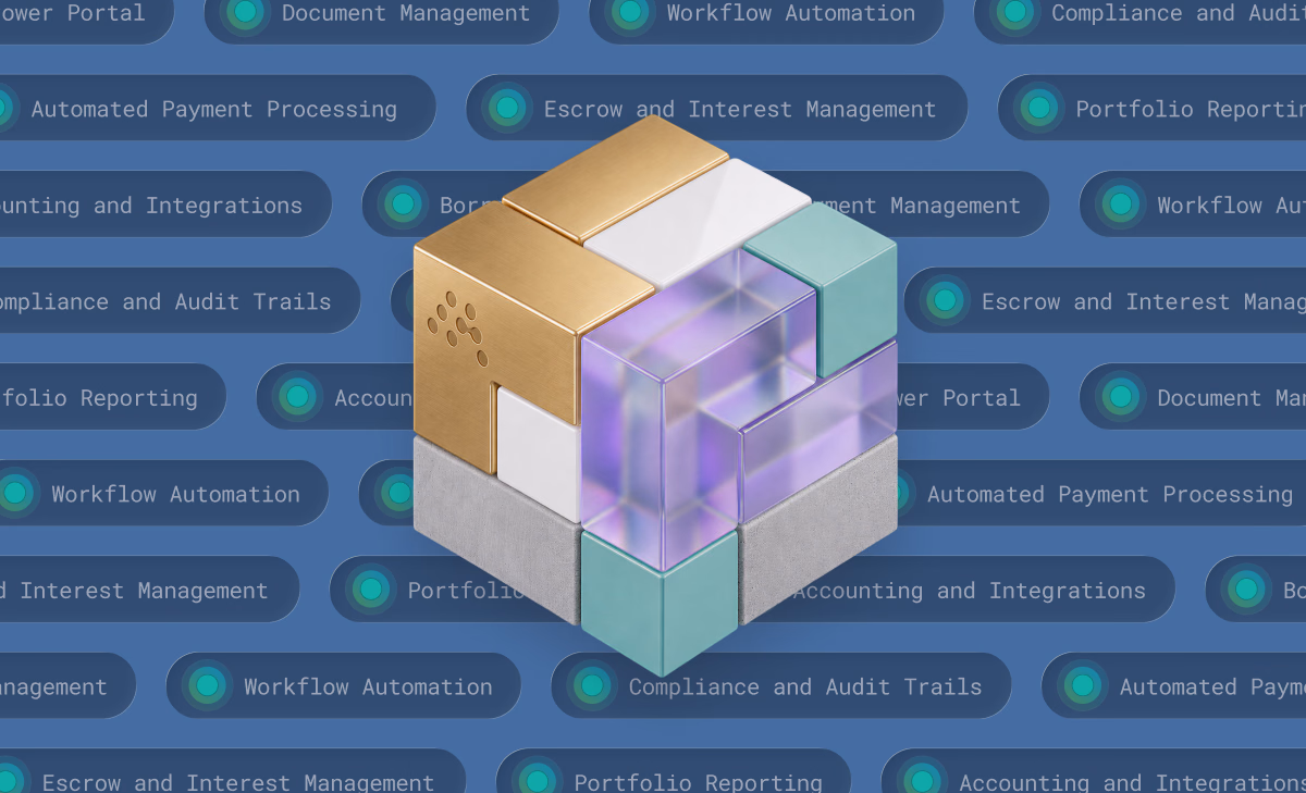 A 3D cube constructed of various material blocks, including gold, glass, and concrete, sits against a blue background filled with labeled icons for business processes.