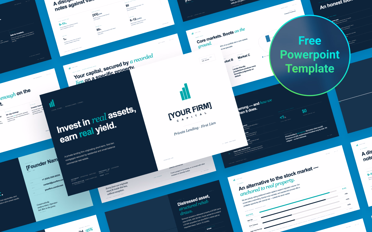 A collage of PowerPoint slides for a private lending firm, featuring dark and light layouts, charts, and financial text, with a circular badge overlay reading "Free Powerpoint Template."