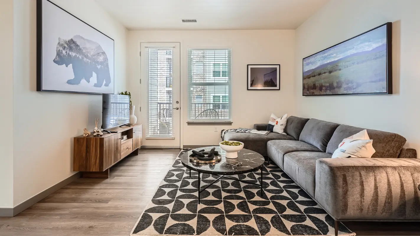 Open concept living room at Polaris Apartments in Broomfield, Colorado