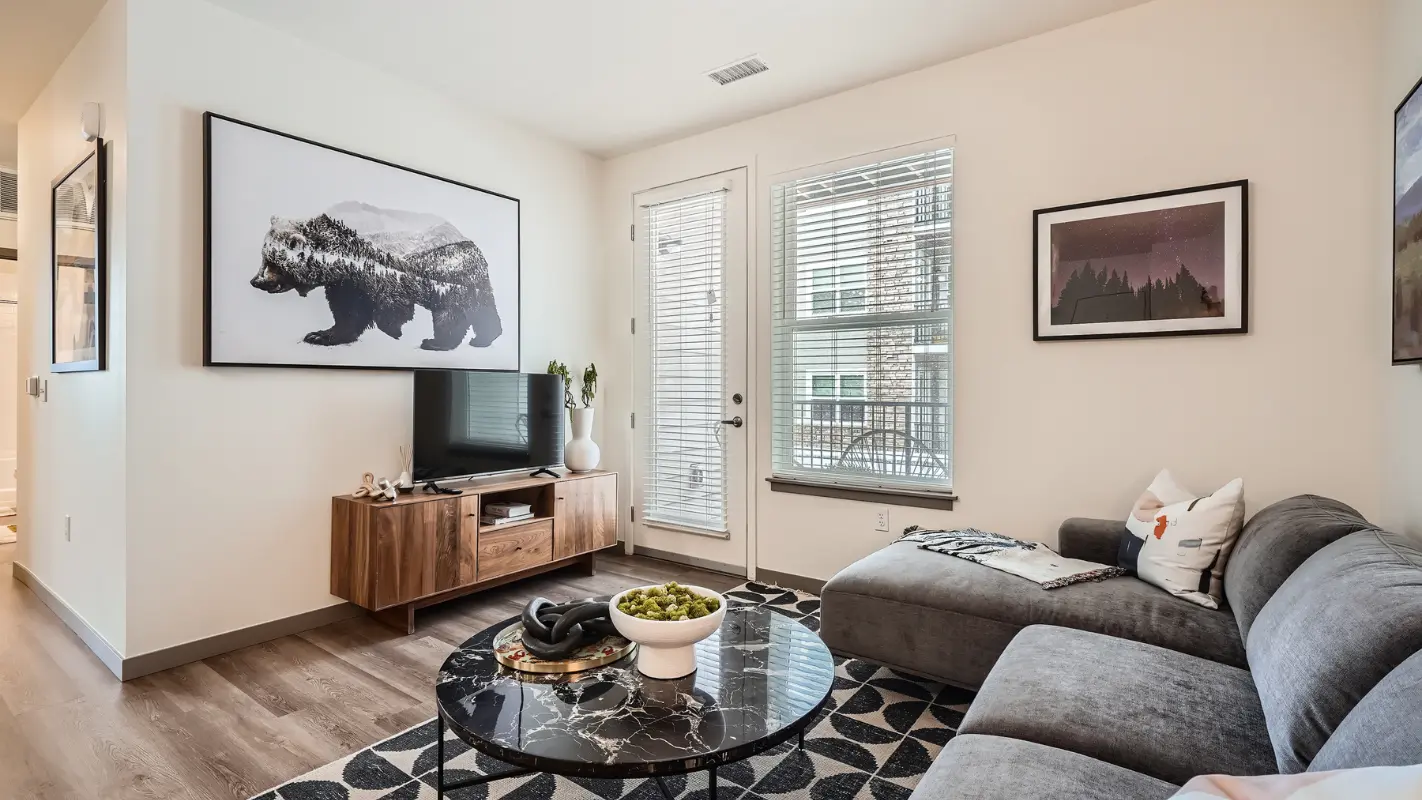 Open concept living room at Polaris Apartments in Broomfield, Colorado