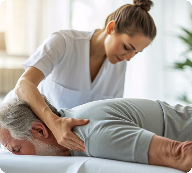 Une thérapeute senior offre un massage relaxant du dos à un patient adulte de sexe masculin âgé.
