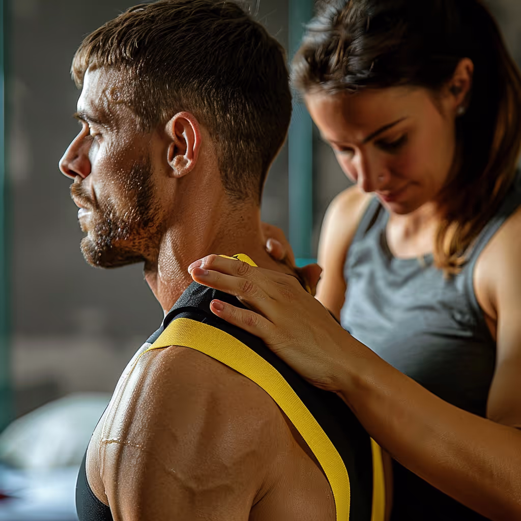 Un homme reçoit un massage musculaire relaxant avec un support à sangle jaune.