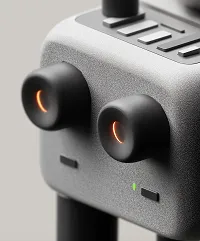 Close-up of two black control knobs on a gray modern electronic device with orange indicator lights.