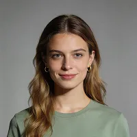 Young woman with long wavy brown hair wearing gold hoop earrings and a green top against a gray background.