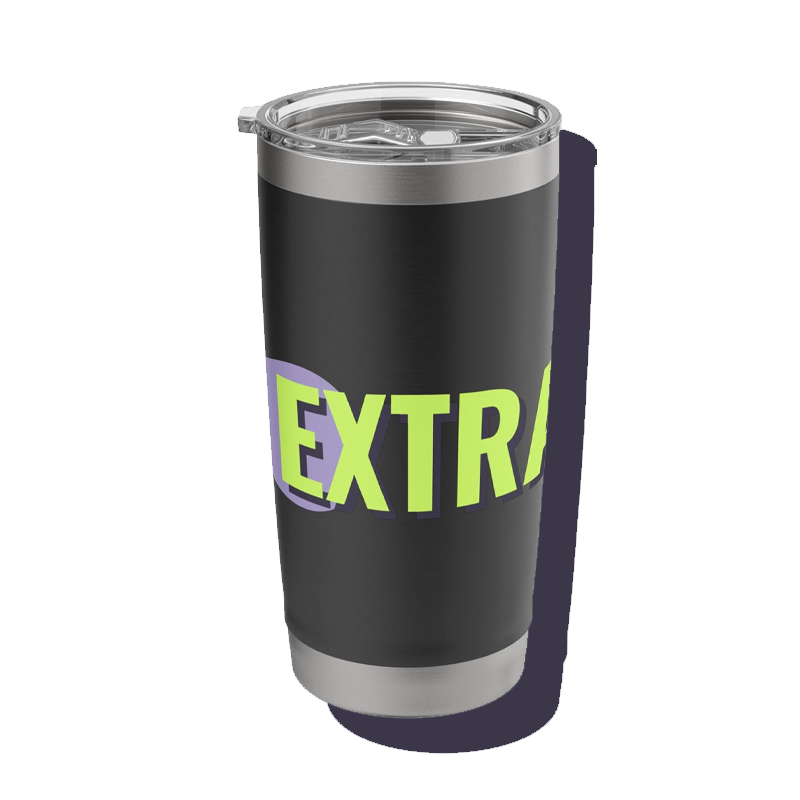 Black insulated tumbler with a clear lid and large bold lime green text partially visible reading 'EXTRA'.