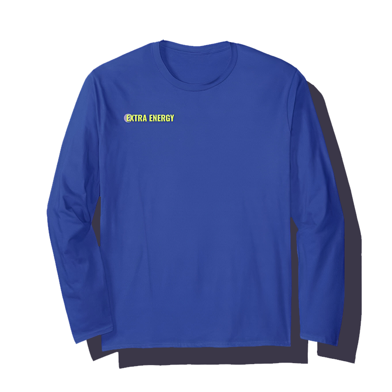 Black long-sleeve shirt with small yellow text 'EXTRA ENERGY' on the upper left chest.