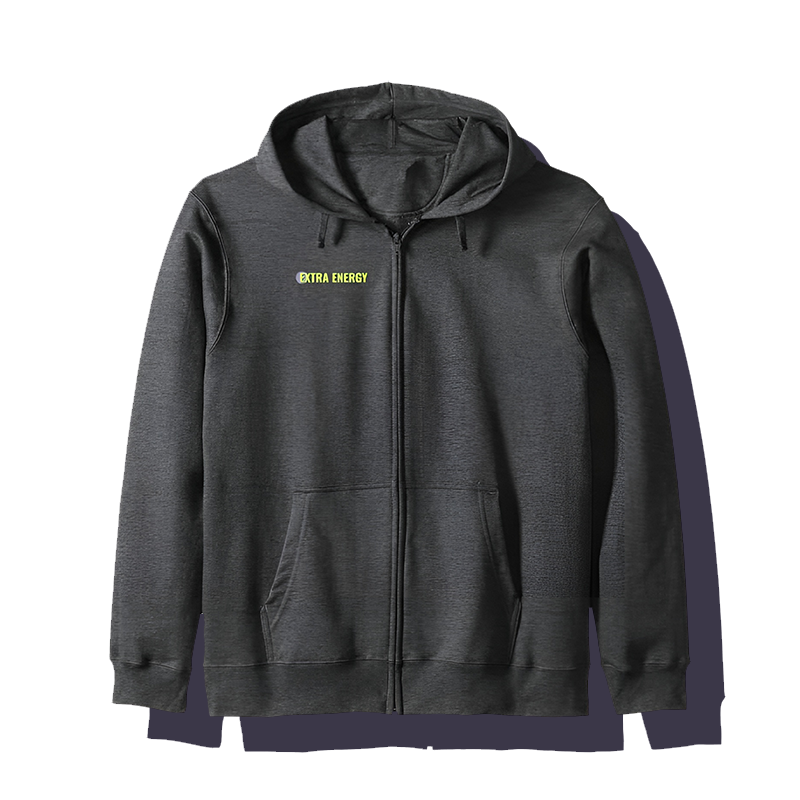 Dark gray zip-up hoodie with hood and front pockets, featuring small yellow text reading 'EXTRA ENERGY' on the left chest.