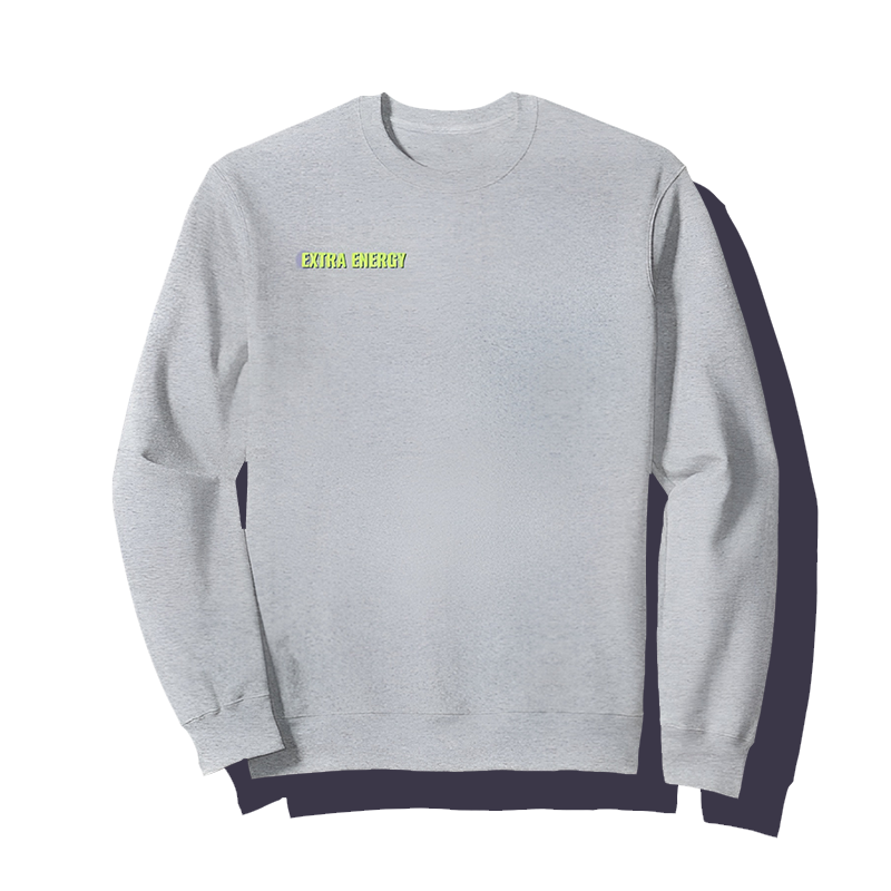 Light gray crewneck sweatshirt with small neon yellow text reading 'EXTRA ENERGY' on the left chest.