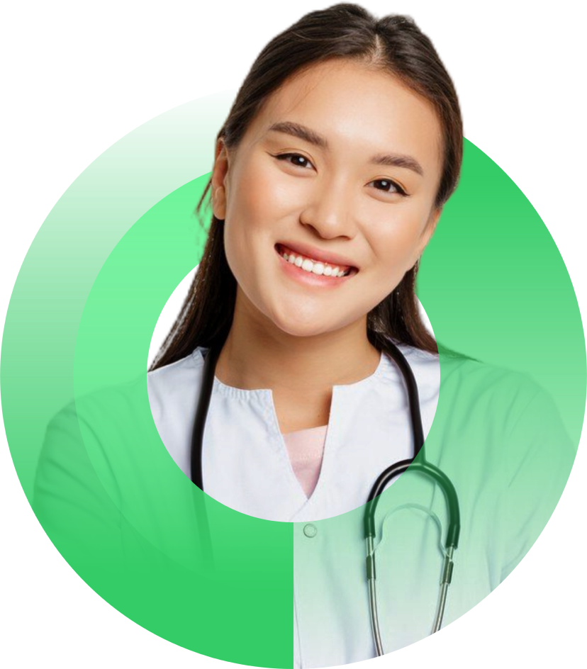 Imagem de uma médica dentro do símbolo da marca.