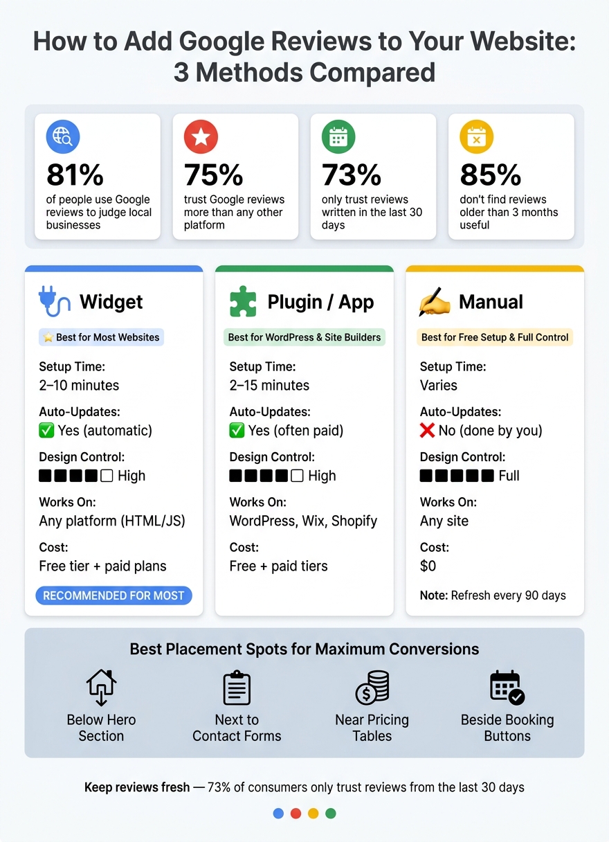 Google Reviews on Your Website: Widget vs. Plugin vs. Manual