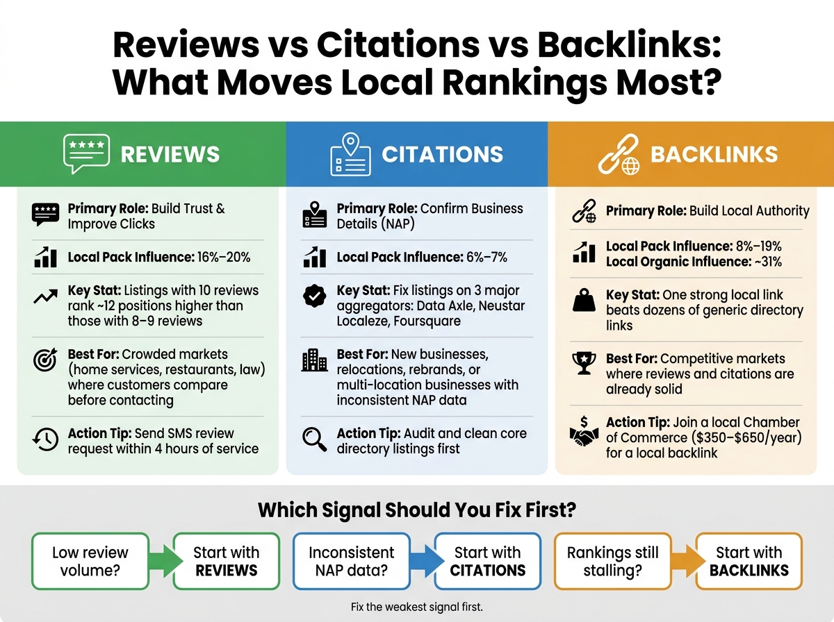 Reviews vs Citations vs Backlinks: Local SEO Ranking Impact Compared