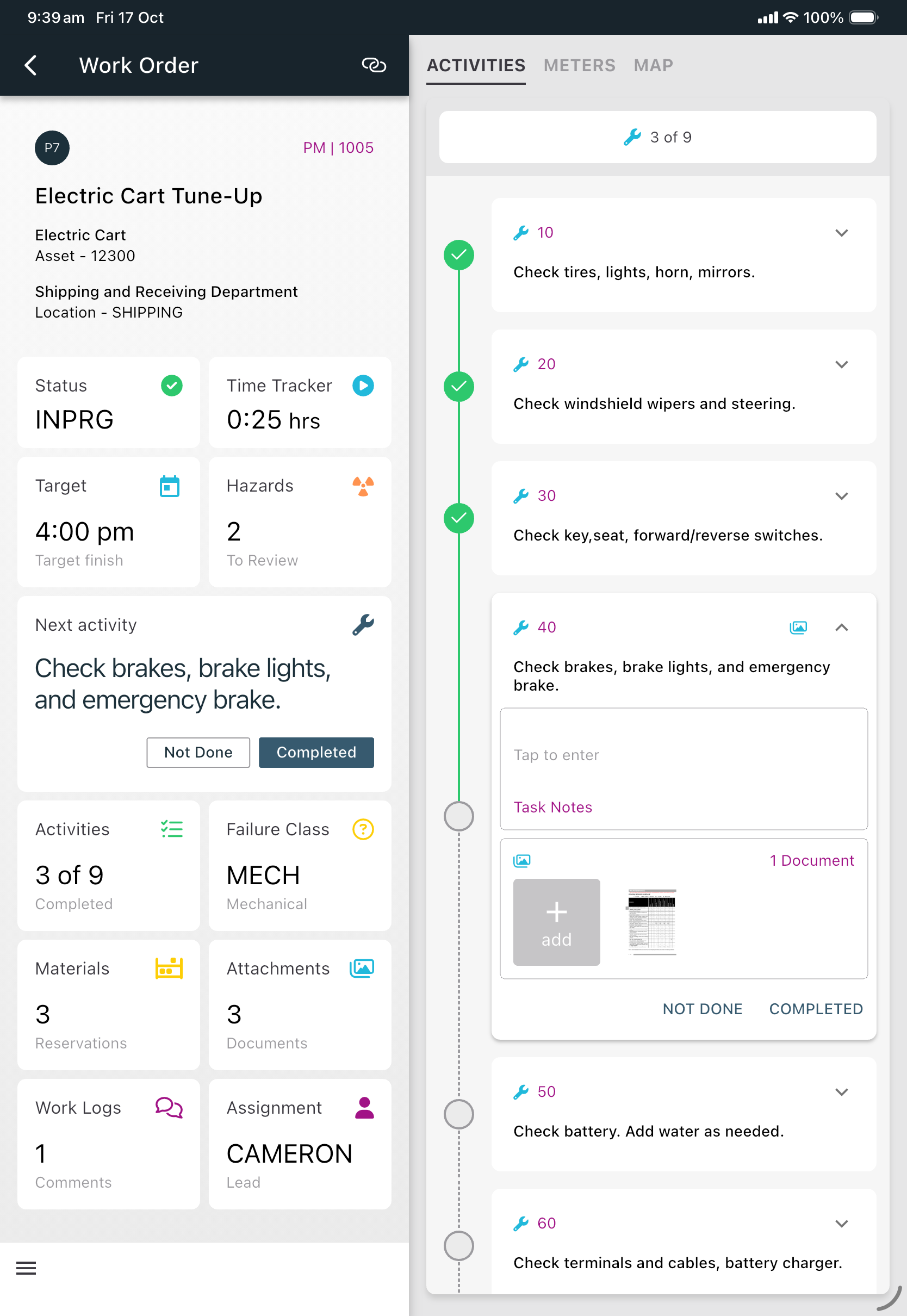 Mobile app interface displaying a work order for Electric Cart Tune-Up with status, time tracker, hazards, next activity, and a list of activities shown with progress and details.