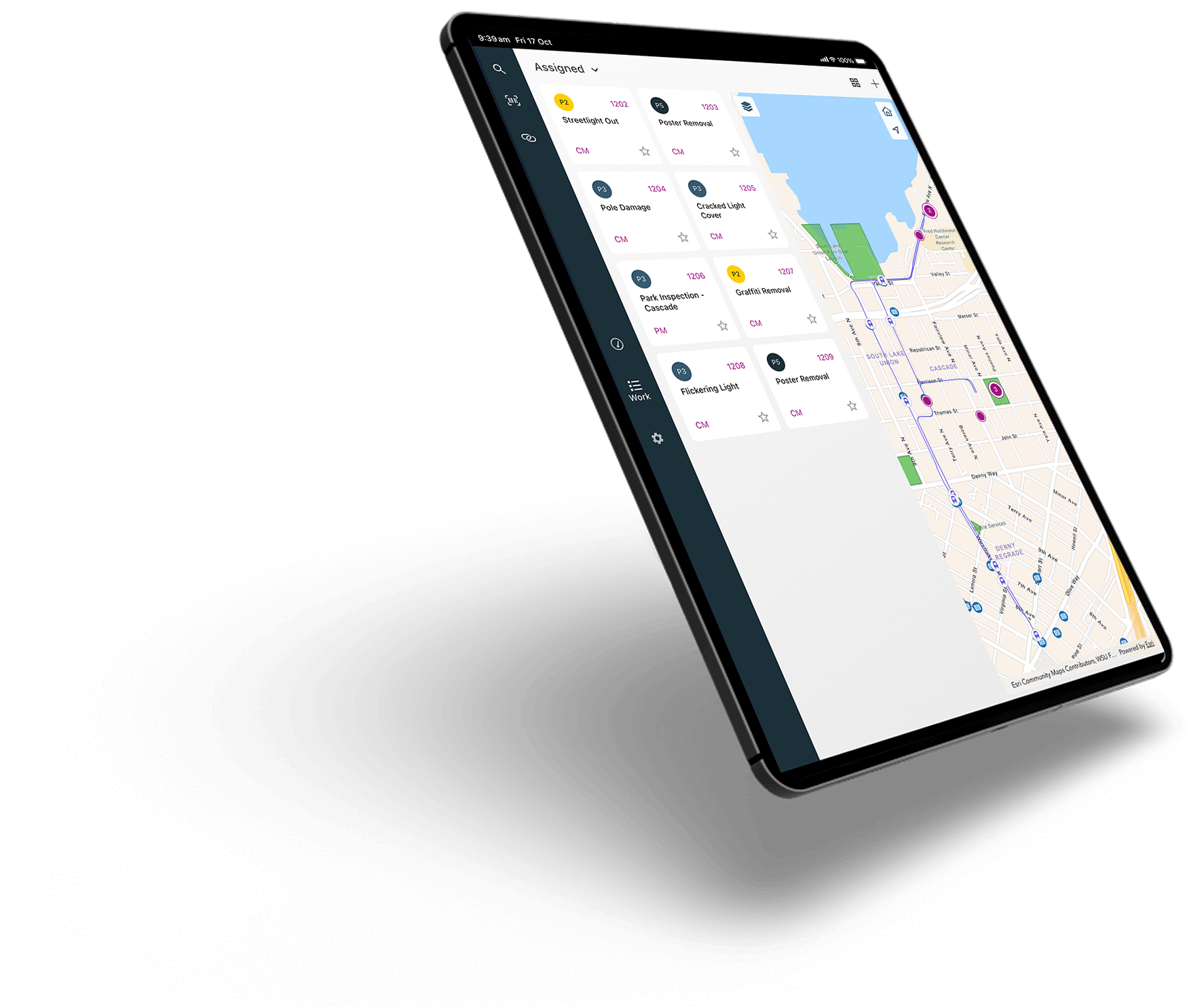Tablet displaying a task management app with a list of assigned work orders and a city map showing task locations and routes.