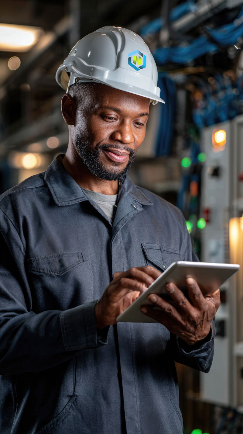 Man wearing a white hard hat and dark workwear using a tablet in an industrial setting.