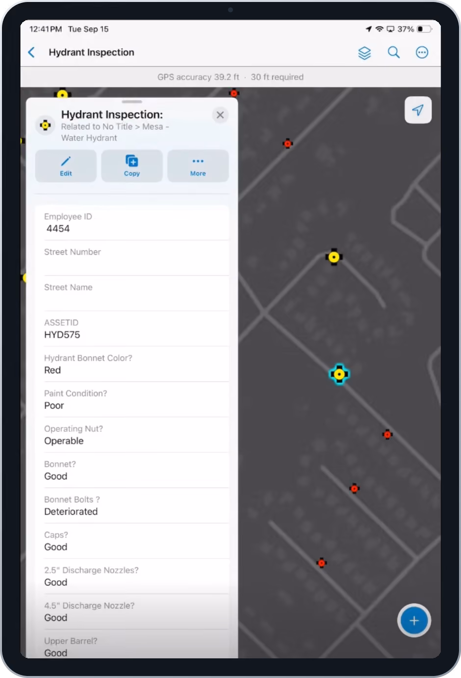 Les spécifications PowerSync mappent les champs des bornes d'incendie d'ArcGIS vers Maximo, avec une direction de synchronisation définie de GIS vers Maximo pour chaque champ.