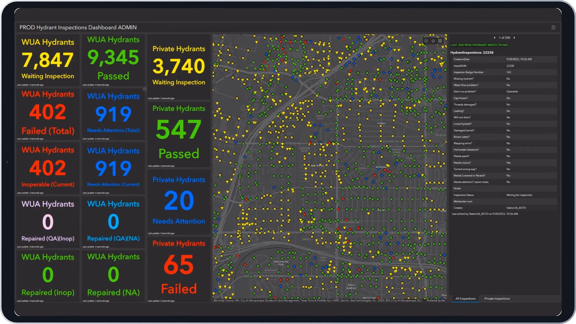 ArcGIS dashboard of hydrant inspections in Albuquerque, with passed, failed and needs-attention counts beside a map of hydrants color-coded by status.