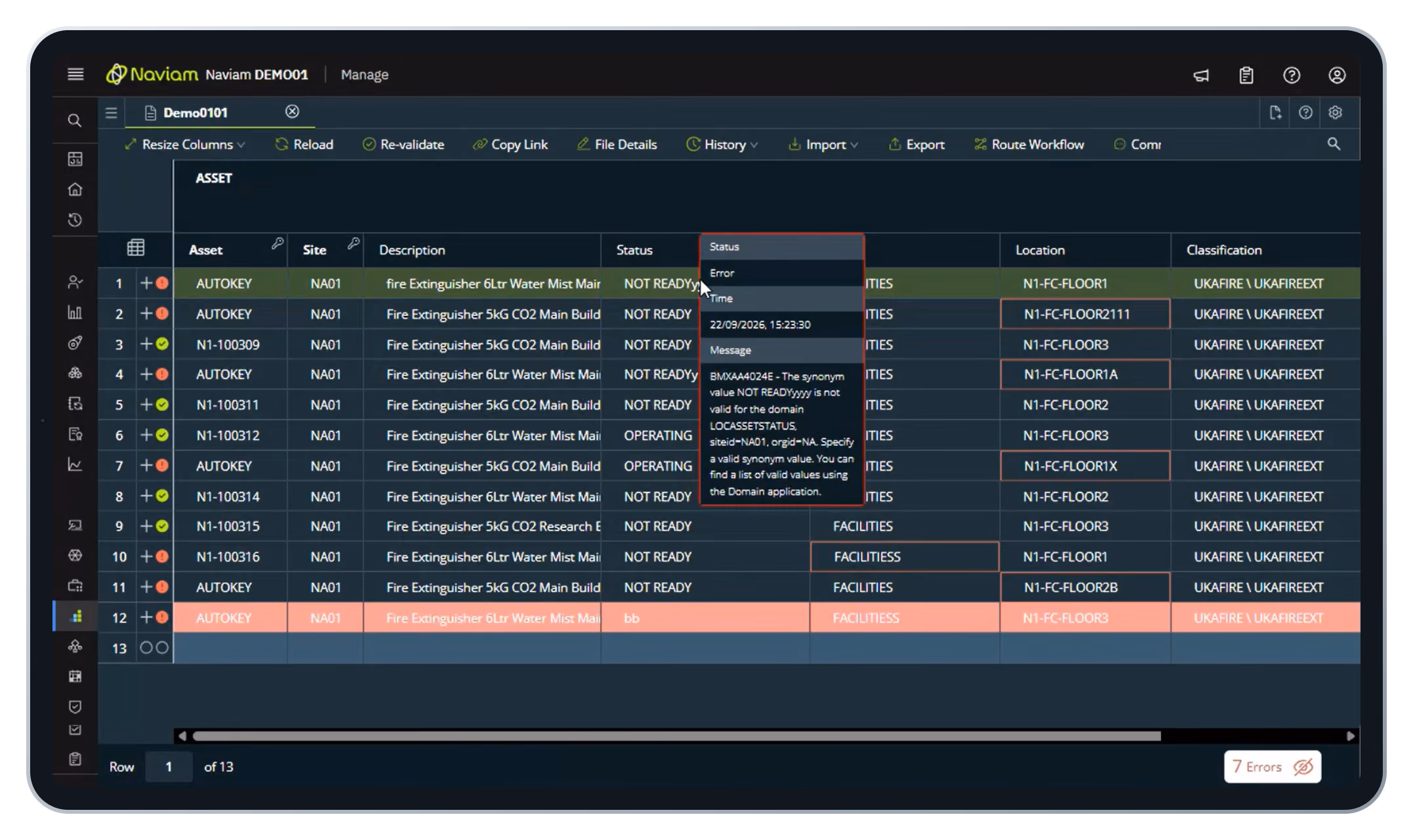 DataStudio flagging a Maximo validation error on hover, with invalid rows highlighted and 7 errors counted.