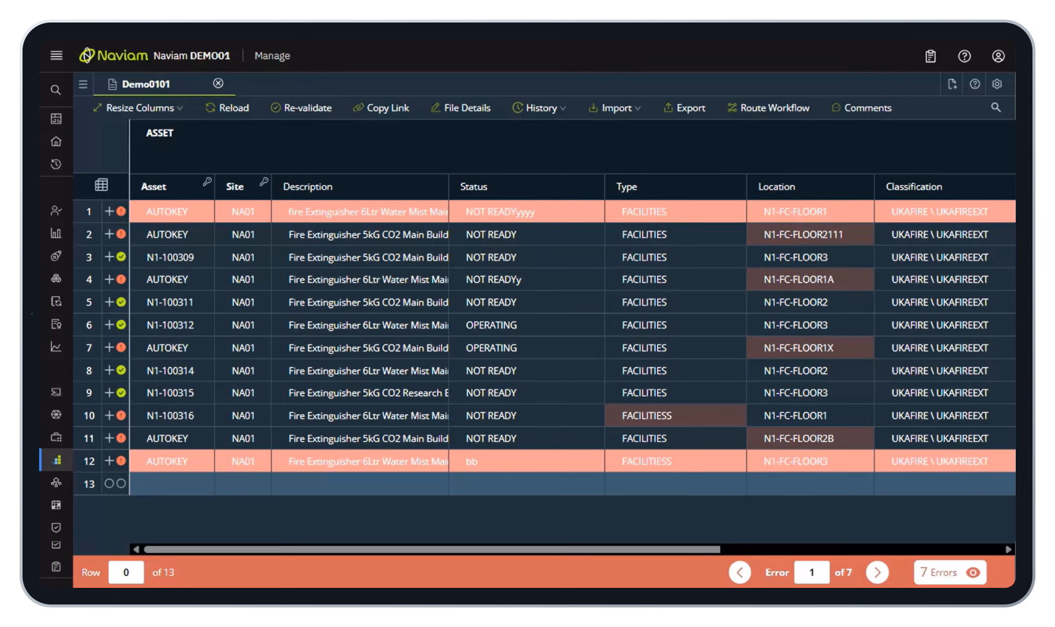 DataStudio showing imported asset rows validated, with errors highlighted and a 7-error count.