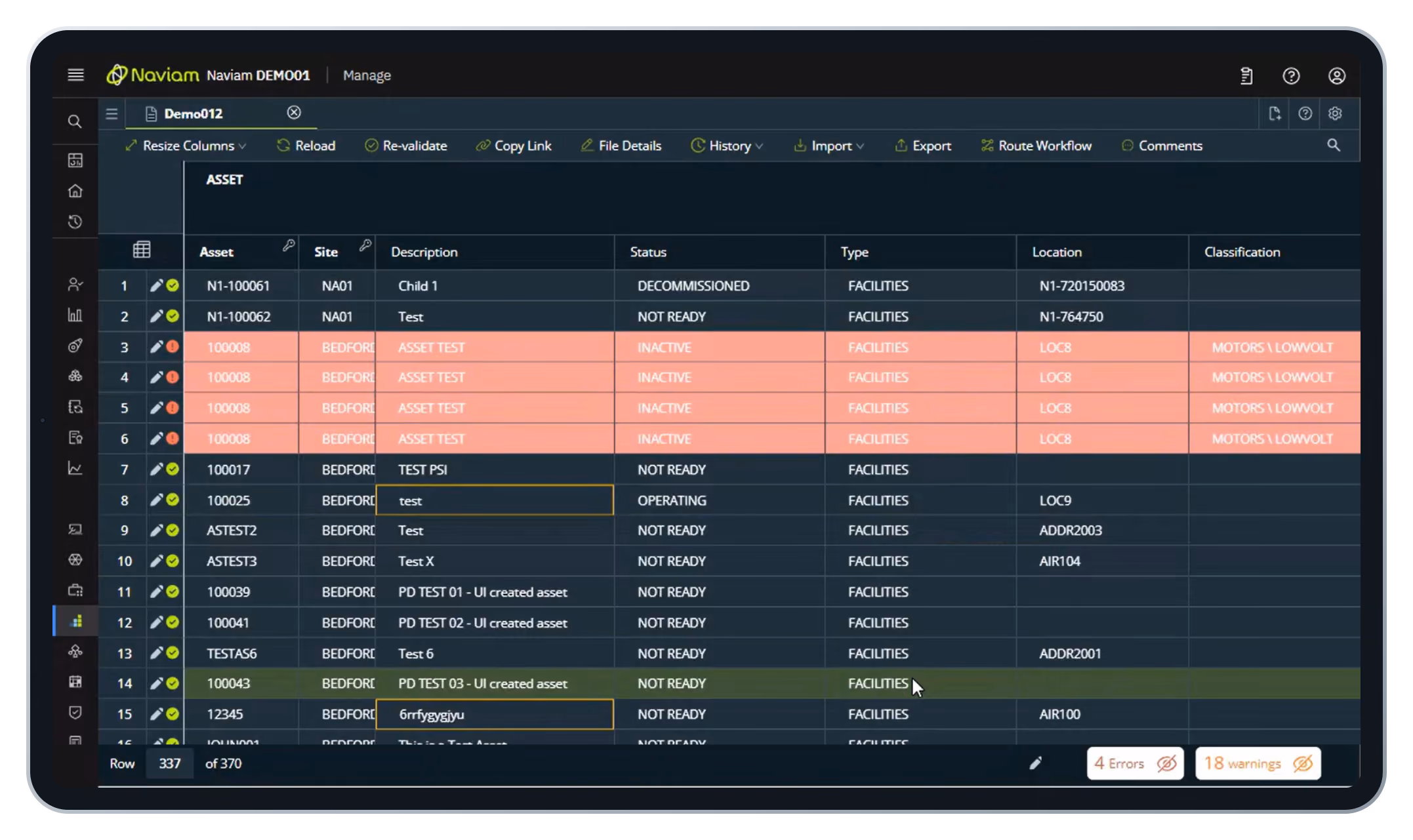 DataStudio grid of assets pulled from Maximo, with error rows highlighted and a footer count of 4 errors and 18 warnings.