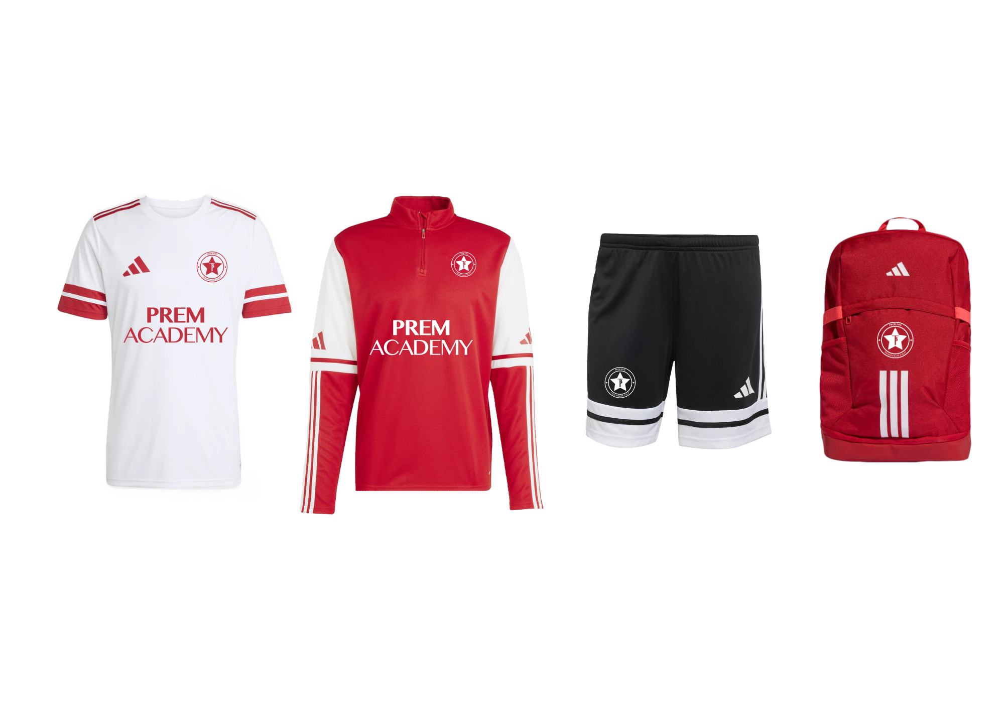 Pack complet de l'equipació oficial Adidas per als jugadors de Prem Academy, que inclou samarretes, pantalons d'entrenament i motxilla.