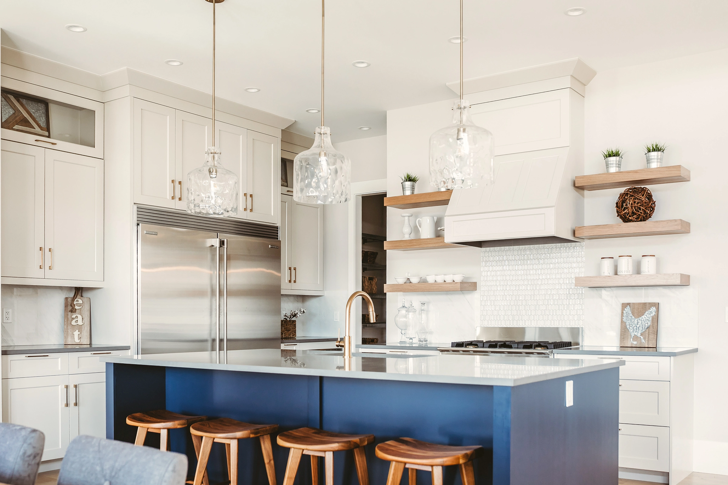 Modern farmhouse interior with soft blue accents