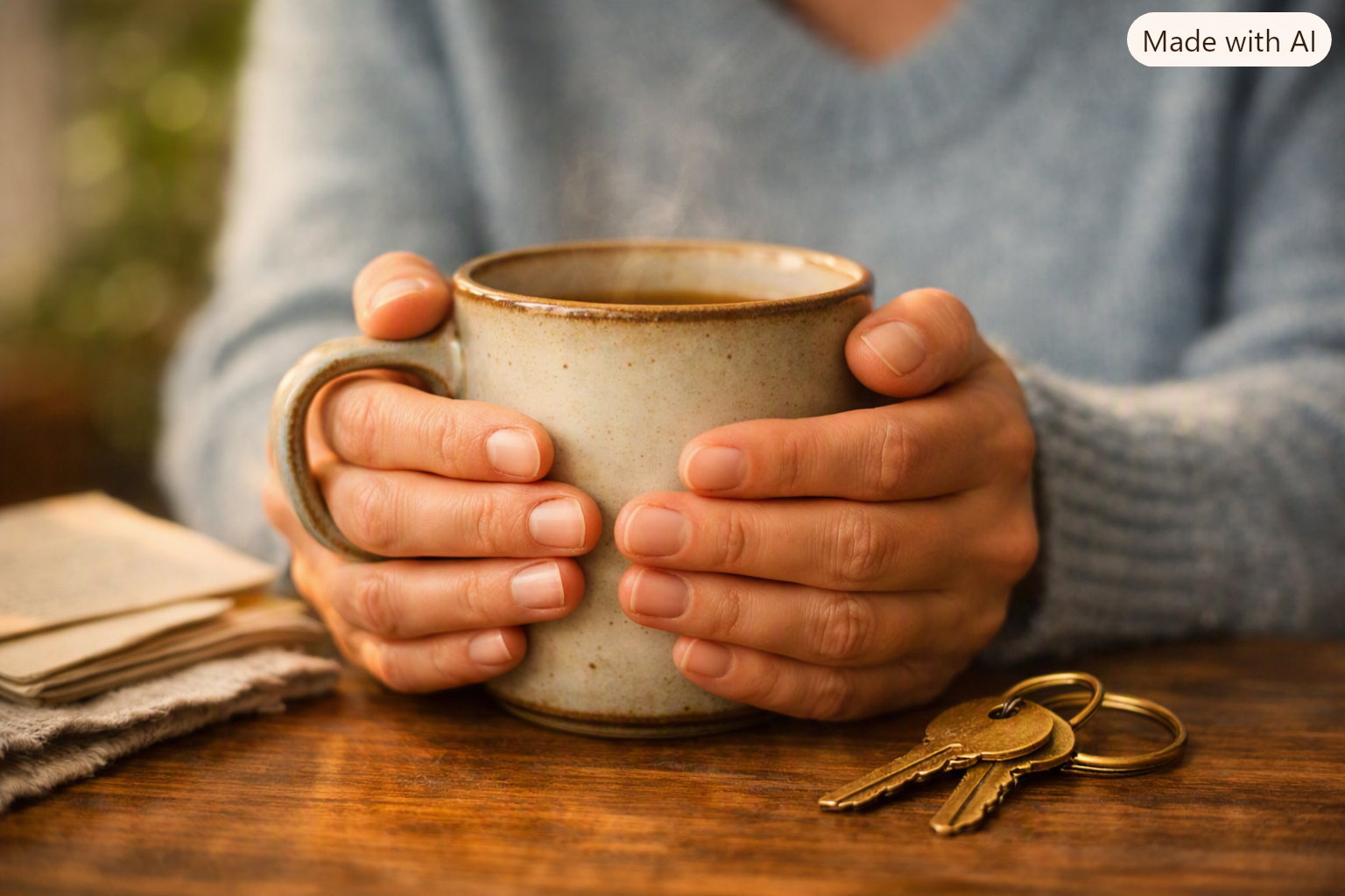 Hands wrapped around a warm mug of tea, a simple grounding moment