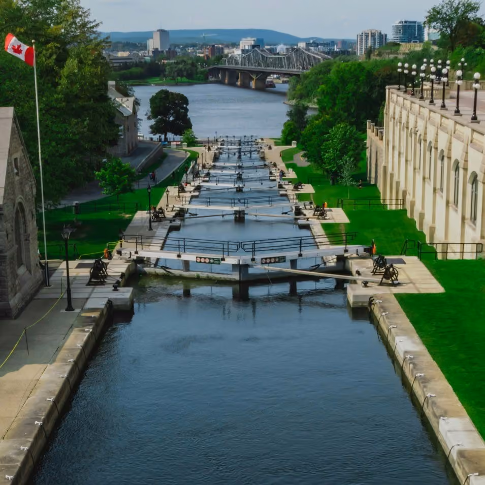 A calm vista over the Rideau Canal in Ottawa, looking toward Gatineau