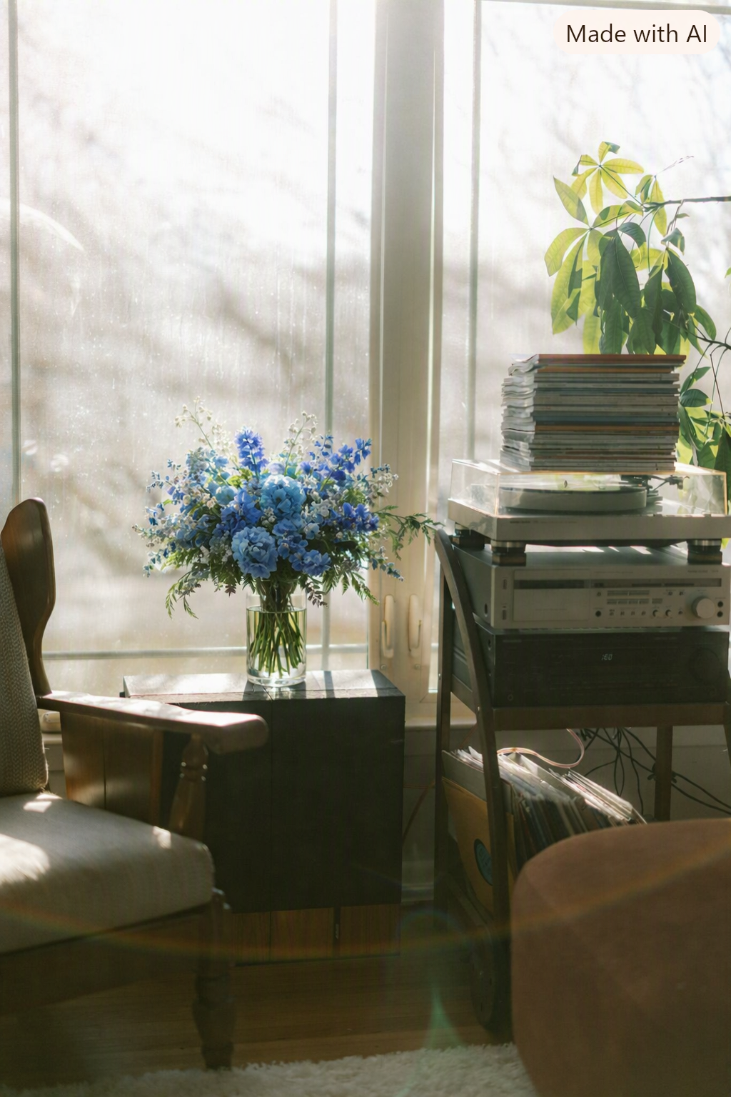 A calm therapy office with natural light, a plant, and fresh flowers