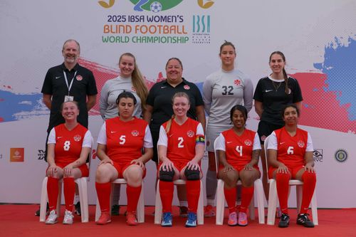 2 audible soccer balls sit on green grass with 4 players in the background.