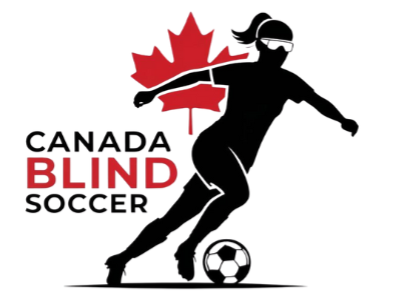 A silhouette of a female blind soccer player with red maple leaf behind him.