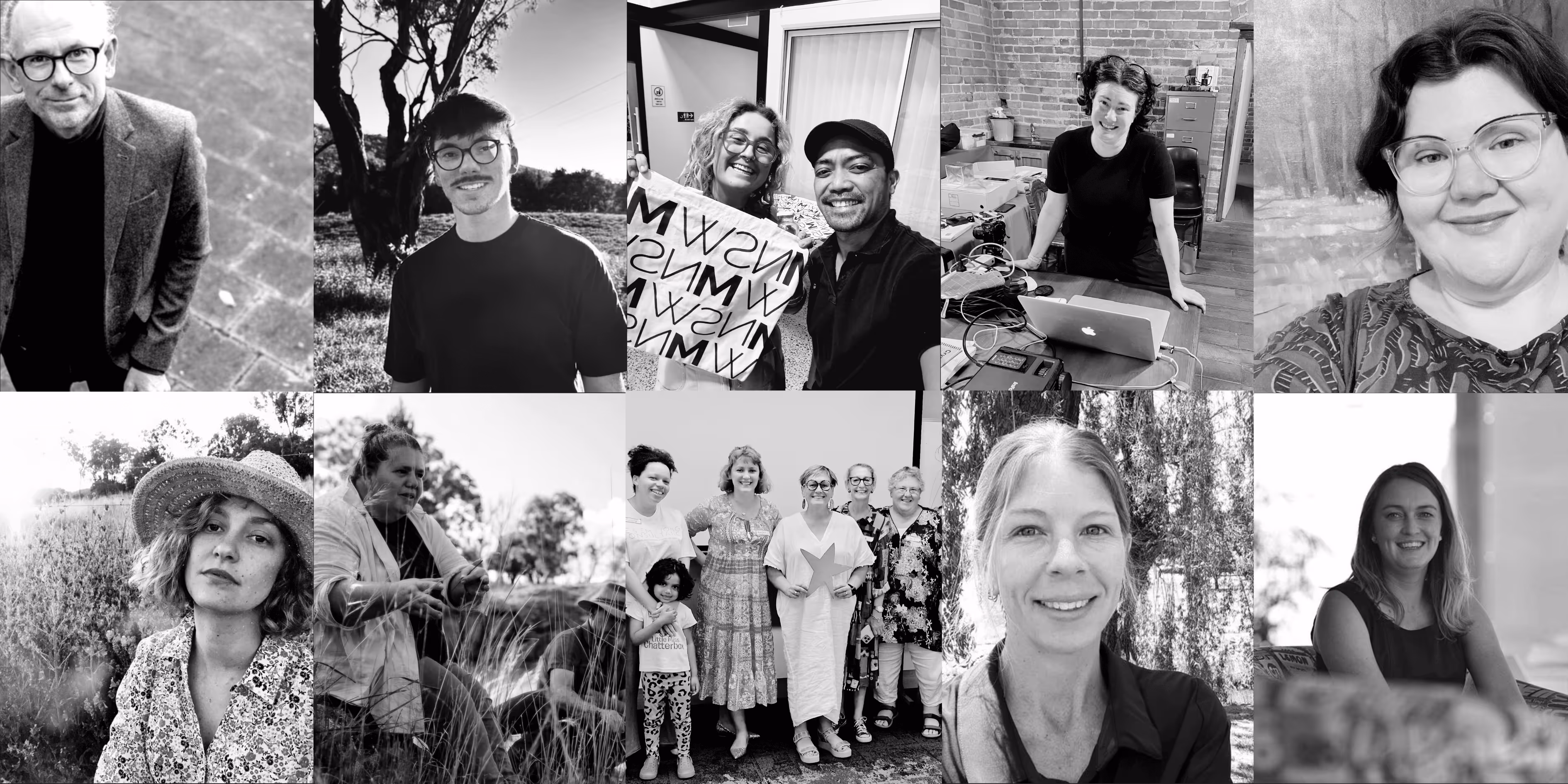 A collage of black and whote photos featuring various people. These images include individuals posing, a group of people and people engaging in cultural activities.