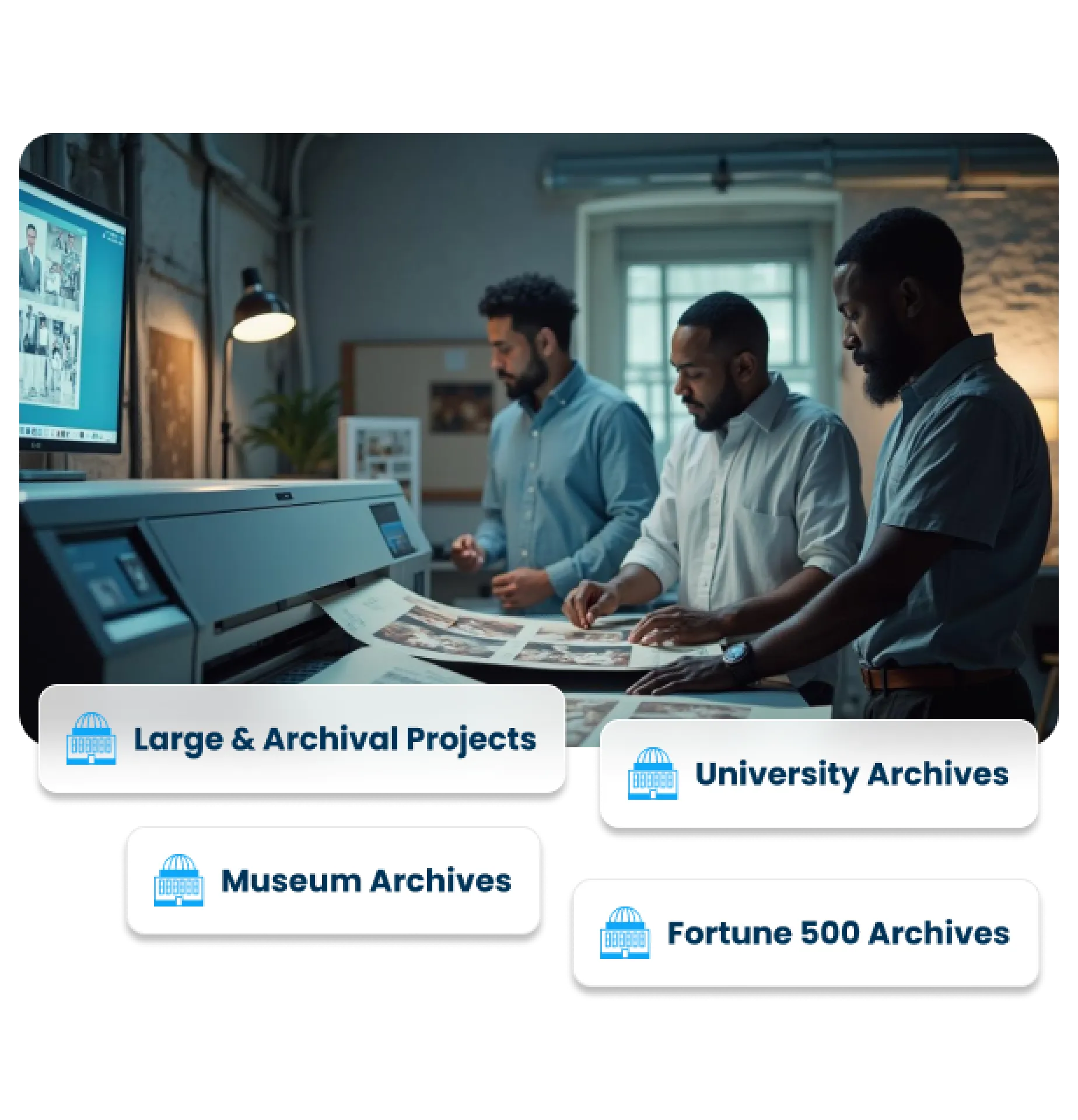Archival projects banner, with a group of men using an archival printer
