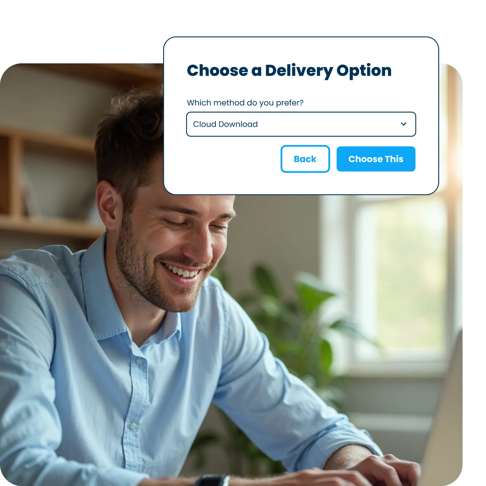 A man typing on a laptop and selecting the cloud download delivery option for his digitized files