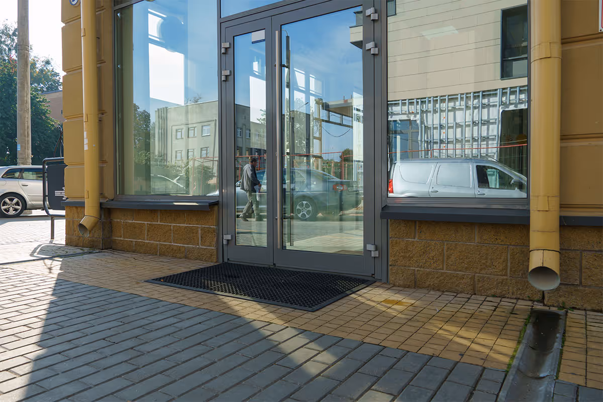 Glass storefront doors.