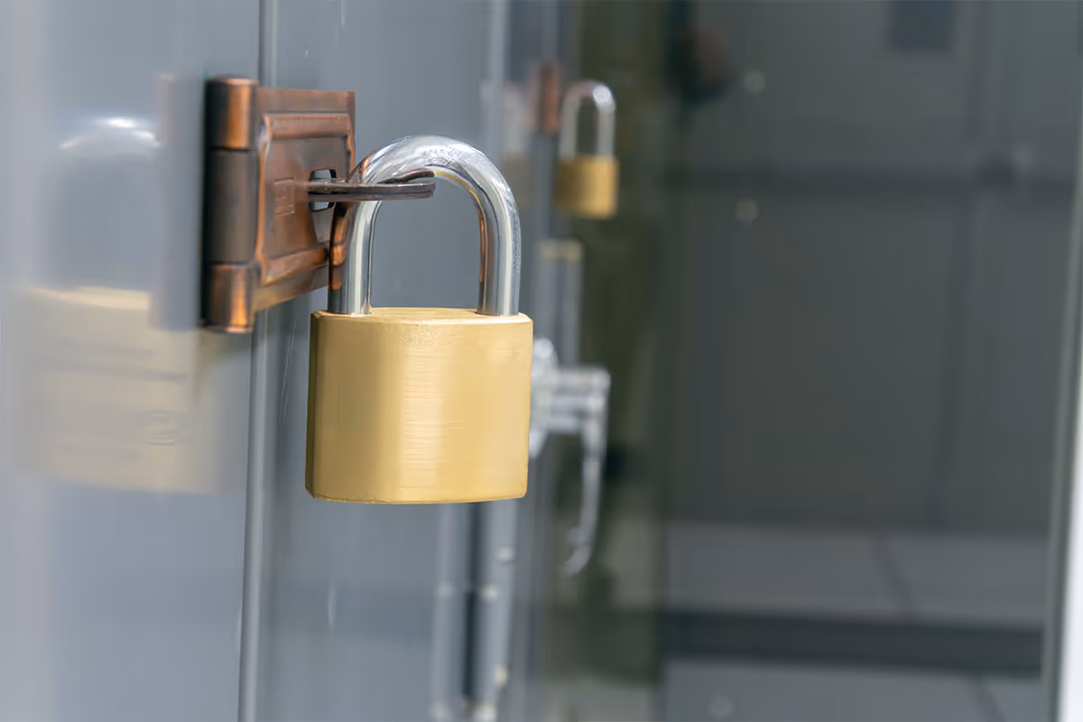 A padlock on a door.