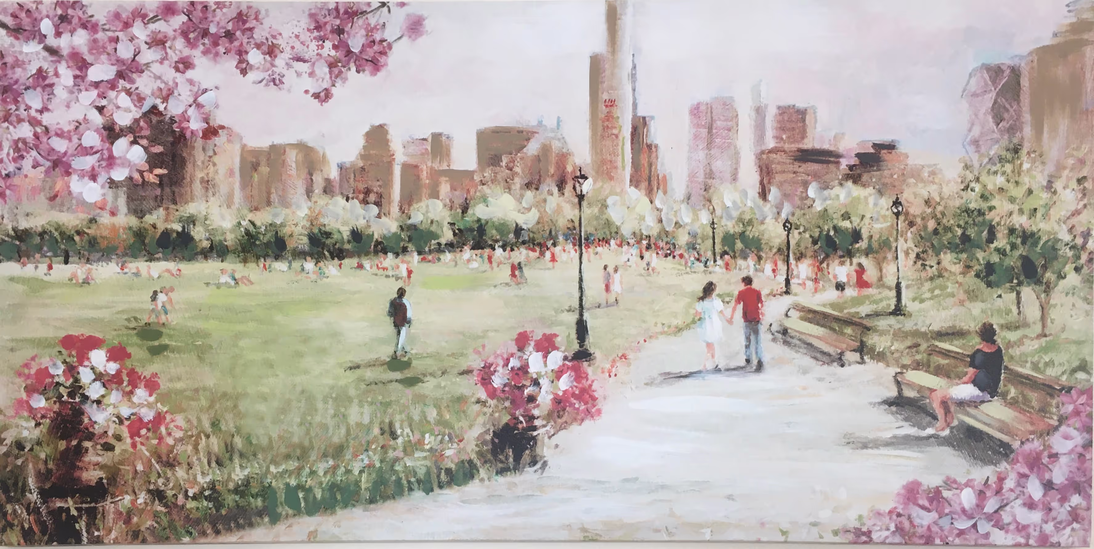 Lovely paint of a park with cherry blossoms and a couple