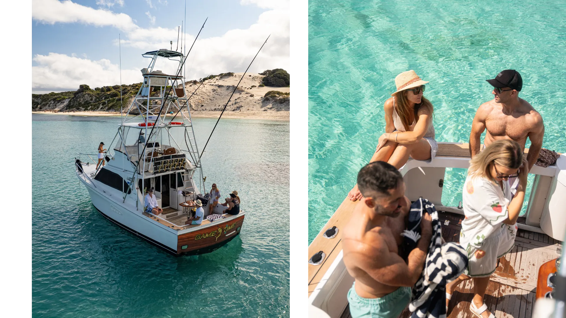 Game Time anchored off a Rottnest Island beach, beside guests relaxing on the bow