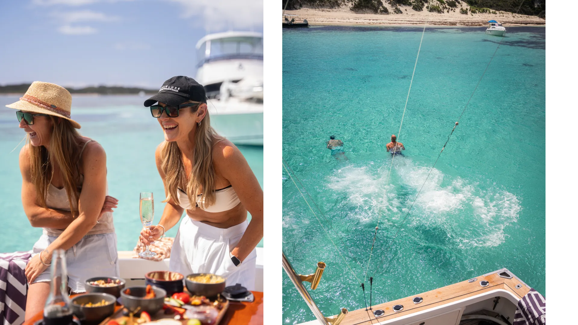 Two guests laughing over lunch on board, beside a view of swimmers off the stern