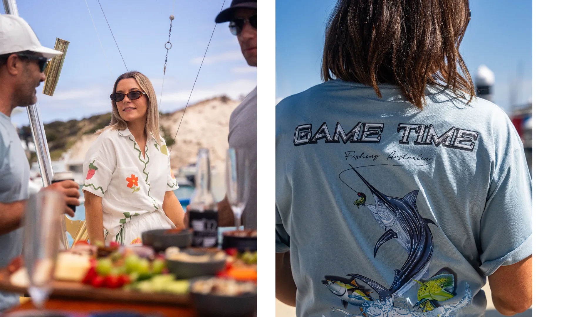 Guests sharing a platter on deck, beside the back of a Game Time fishing shirt