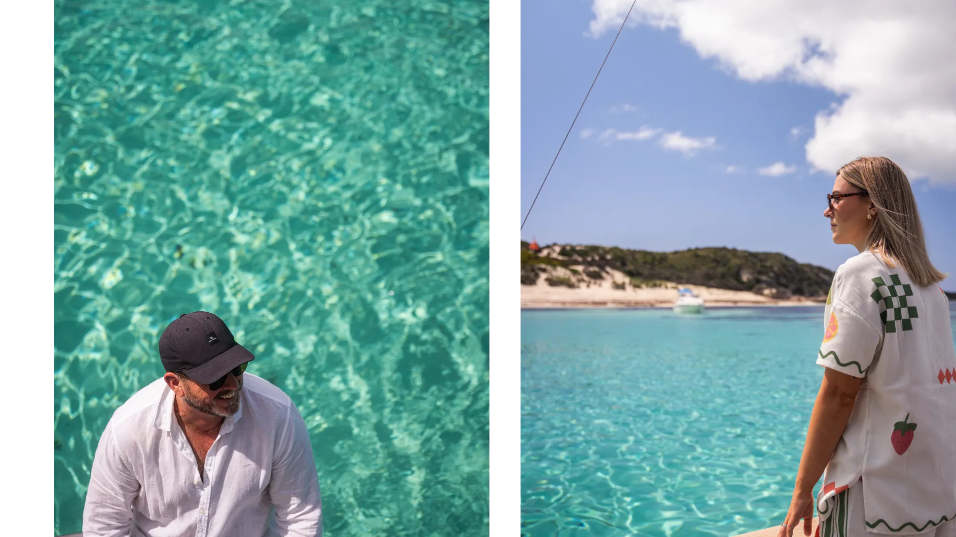 A guest sitting above clear water, beside another looking towards a Rottnest Island beach