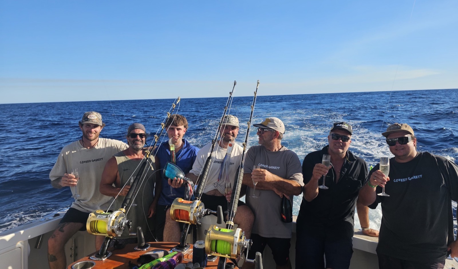 Game Time Charters crew celebrating on board after a game fishing trip out of Jurien Bay