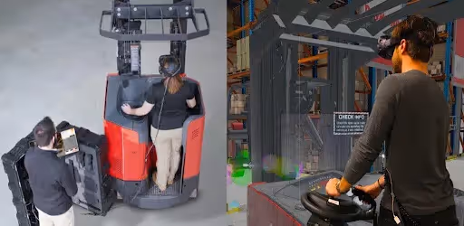 learners wear a VR headset that blocks out the real world and replaces it with a virtual one