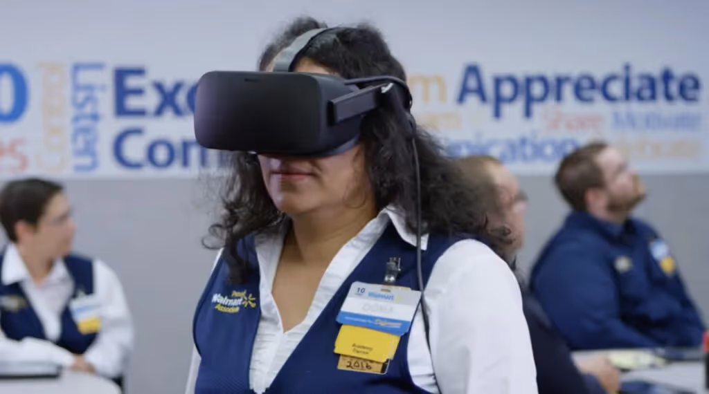 Walmart employee trains on a VR headset.