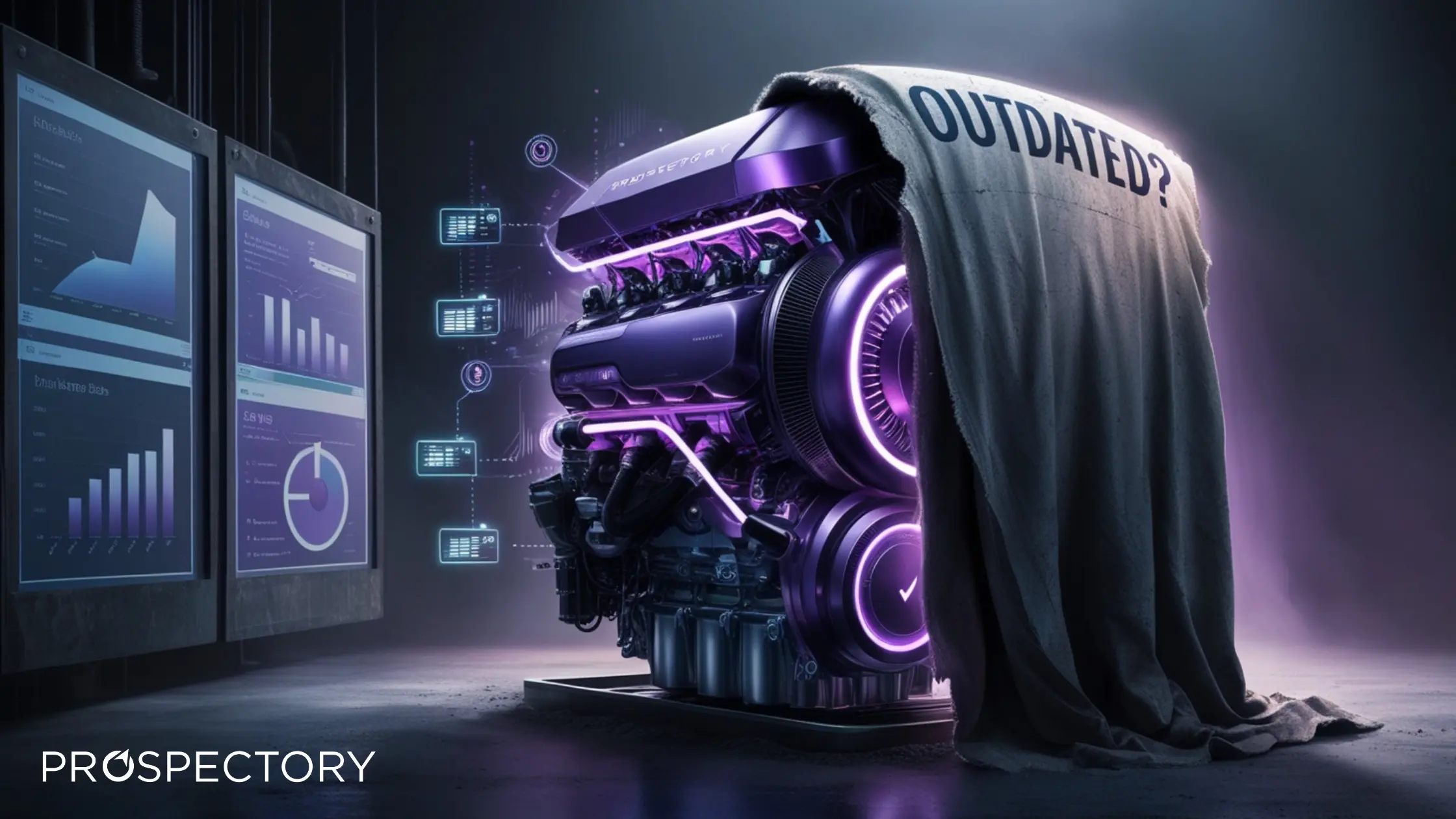 High-tech engine under ‘Outdated?’ cover beside digital dashboards, symbolizing modern Outbound SDR strategy